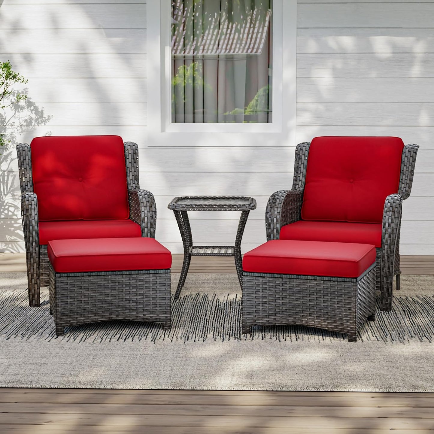 5 Pieces Patio Conversation Set, Wicker Chairs Set of 2 and Two Ottomans with 3.5-inch Seat Cushions, 1 Side Table High Back and Curved Armrest for Backyard, Balcony and Deck, Red