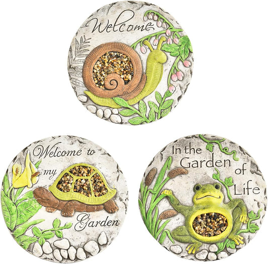 Sungmor 3PC Pretty Garden Stepping Stones, 9.8" Large Concrete Decorative Stones with Beautiful Pattern, Unique Outdoor Lawn Accents, Yard Walkway Flower Bed Wall Shelf Welcome Friends Decorations