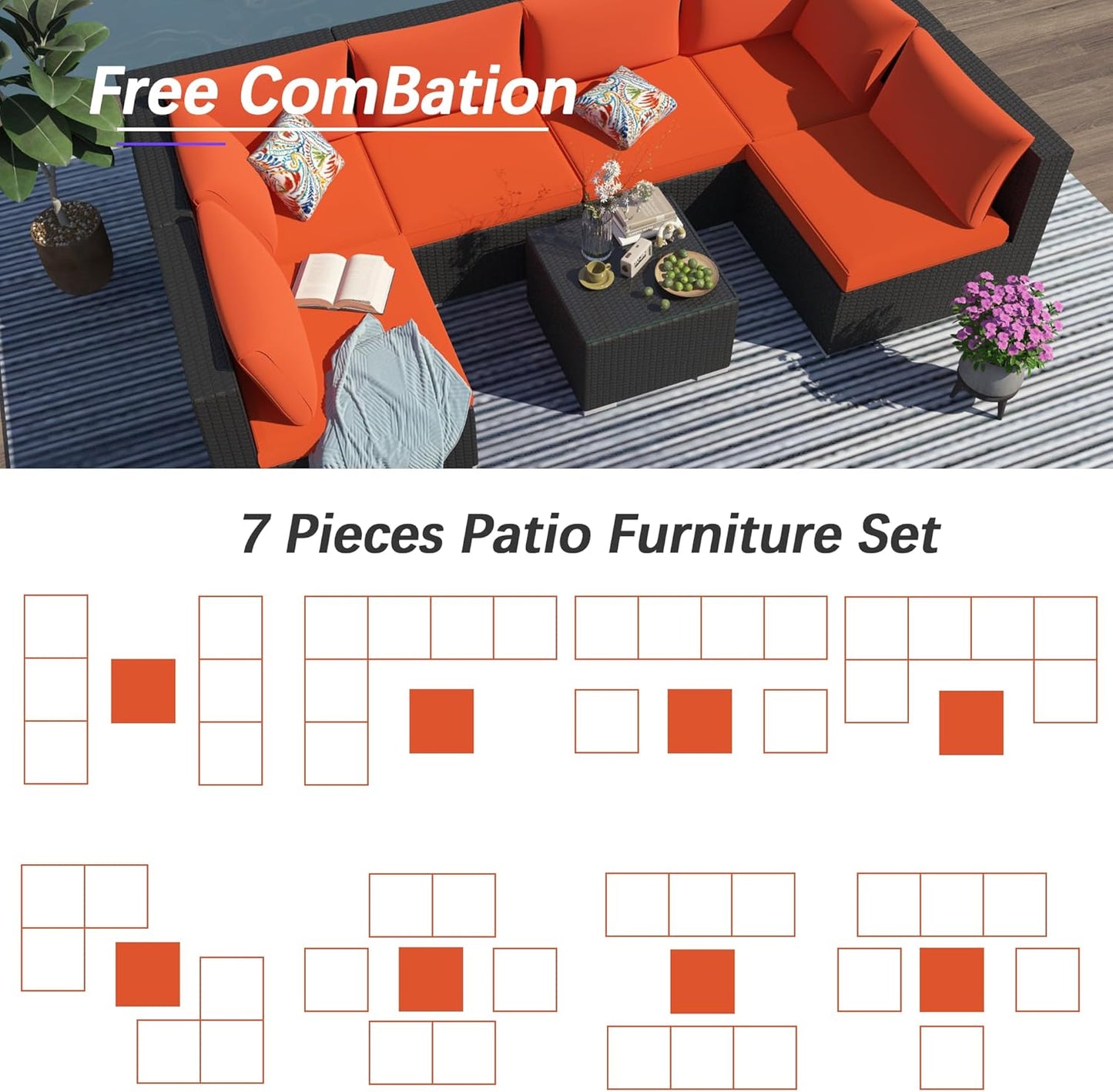 7 Piece Patio Furniture Set, Outdoor Couch Set—All-Weather Outdoor Furniture Sectional w Water Resistant Thick Cushions, Patio Sofa Set w 2 Extra Pillows and Coffee Table, Orange/Black
