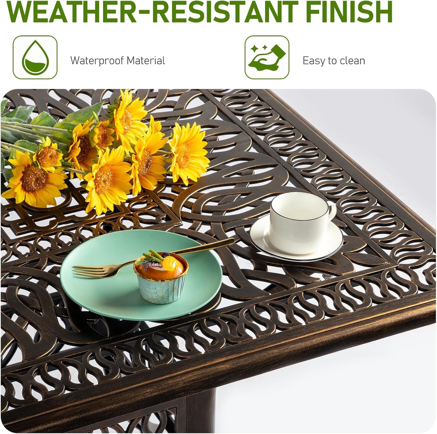 Outvita Patio Side Table, 35.4in Outdoor Square Cast Aluminum Bistro Table with Umbrella Hole and Antique Design for Backyard Porch Pool Balcony Deck Bronze