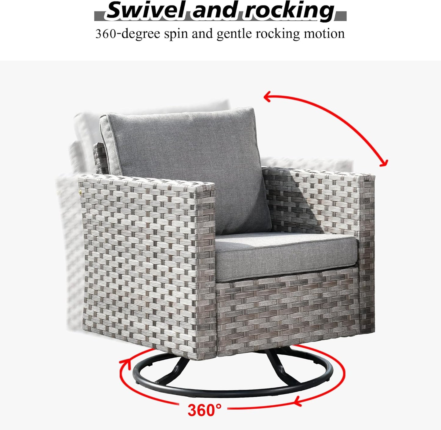 HOOOWOOO 9 Piece Modular Patio Outdoor Sectional Furniture Set with Gas Propane Fire Pit Table,Wicker Conversation Sofa Set with Swivel Chairs,Outside Couch Set(Dark Grey)