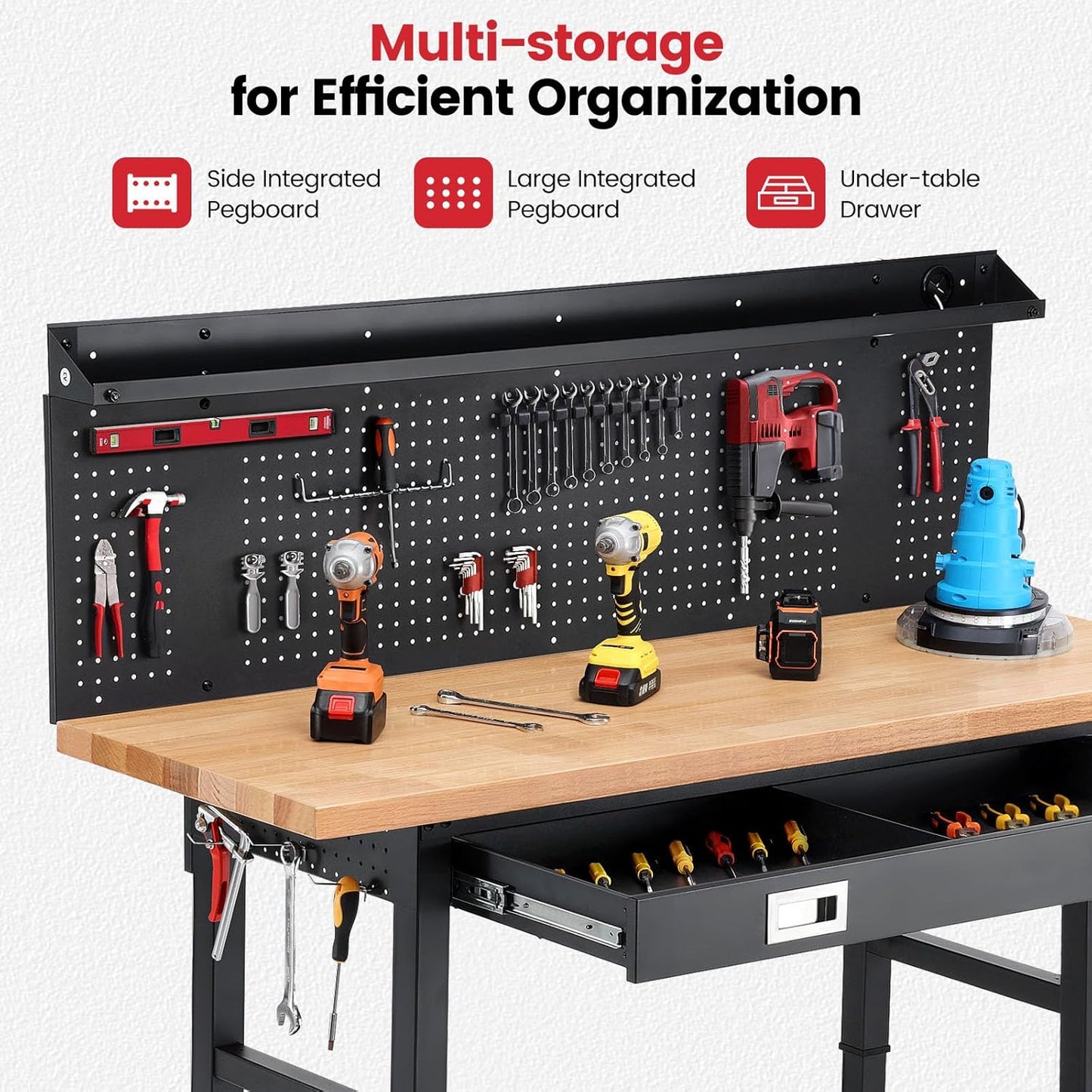 Workbench with Wheels 60 Inch Heavy Duty Rubberwood Tabletop Work Bench for Garage Adjustable Height Work Table with Pegboard, Drawers, Power Outlets for Woodworking, Home, Office, Workshop