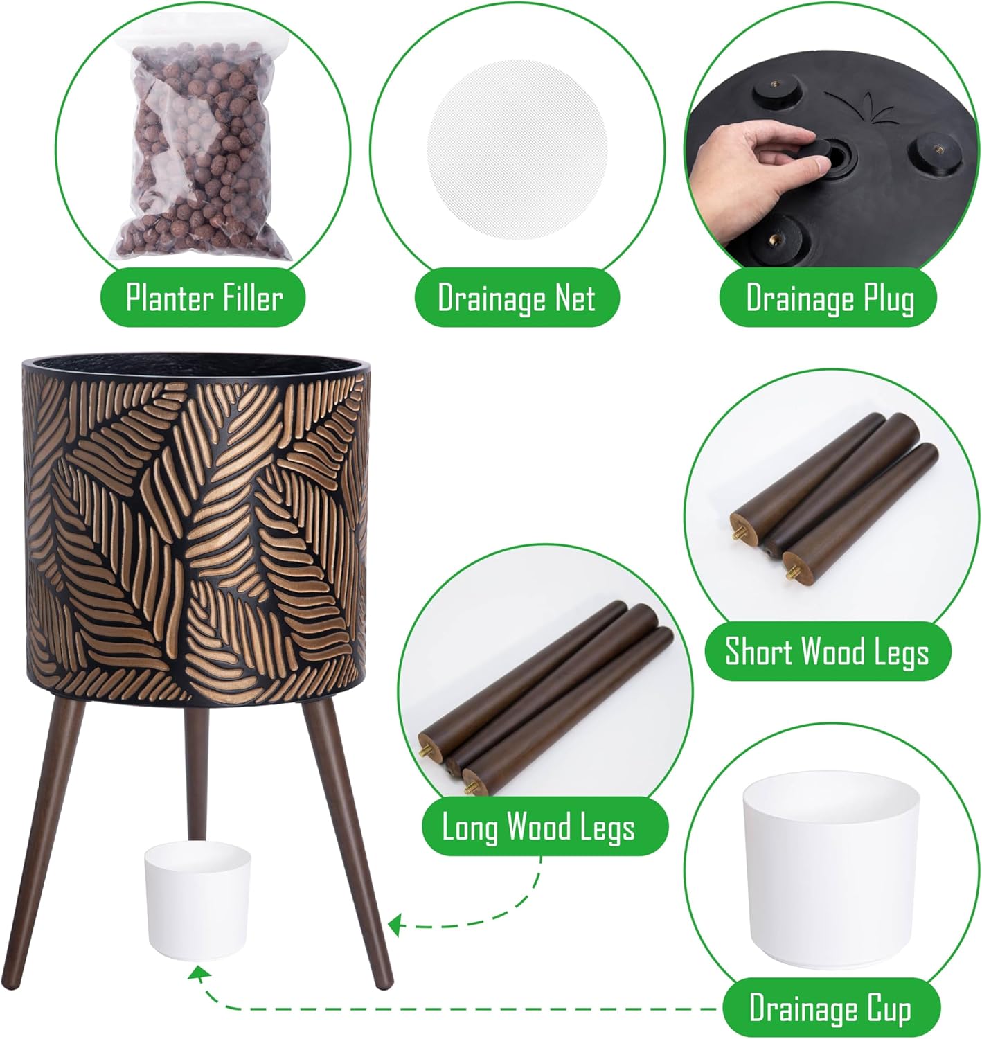 D'vine Dev 16 Inch Planter Pot with Stand, Mid-Century Tall Plant Pot with Legs for Indoor Plants, XX-Large, Bronze/Grey, 88-L-E-6