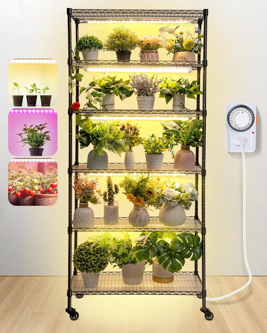 Meonum Plant Shelf with Grow Lights, 5.9FT 6 Tier DIY Metal Grow Rack, Indoor Greenhouse with 90W LED Full Spectrum Growing Lamps, Mechanical Timer, PP Waterproof Pads for Indoor Seed Starting