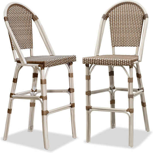 PURPLE LEAF French Bar Stool Set of 2 White Print Finish Patio Bar Stools with Back Rattan Chairs Wicker Bar Height Stool 30" with Footrest Kitchen Island Stools Outdoor Barstool Brown
