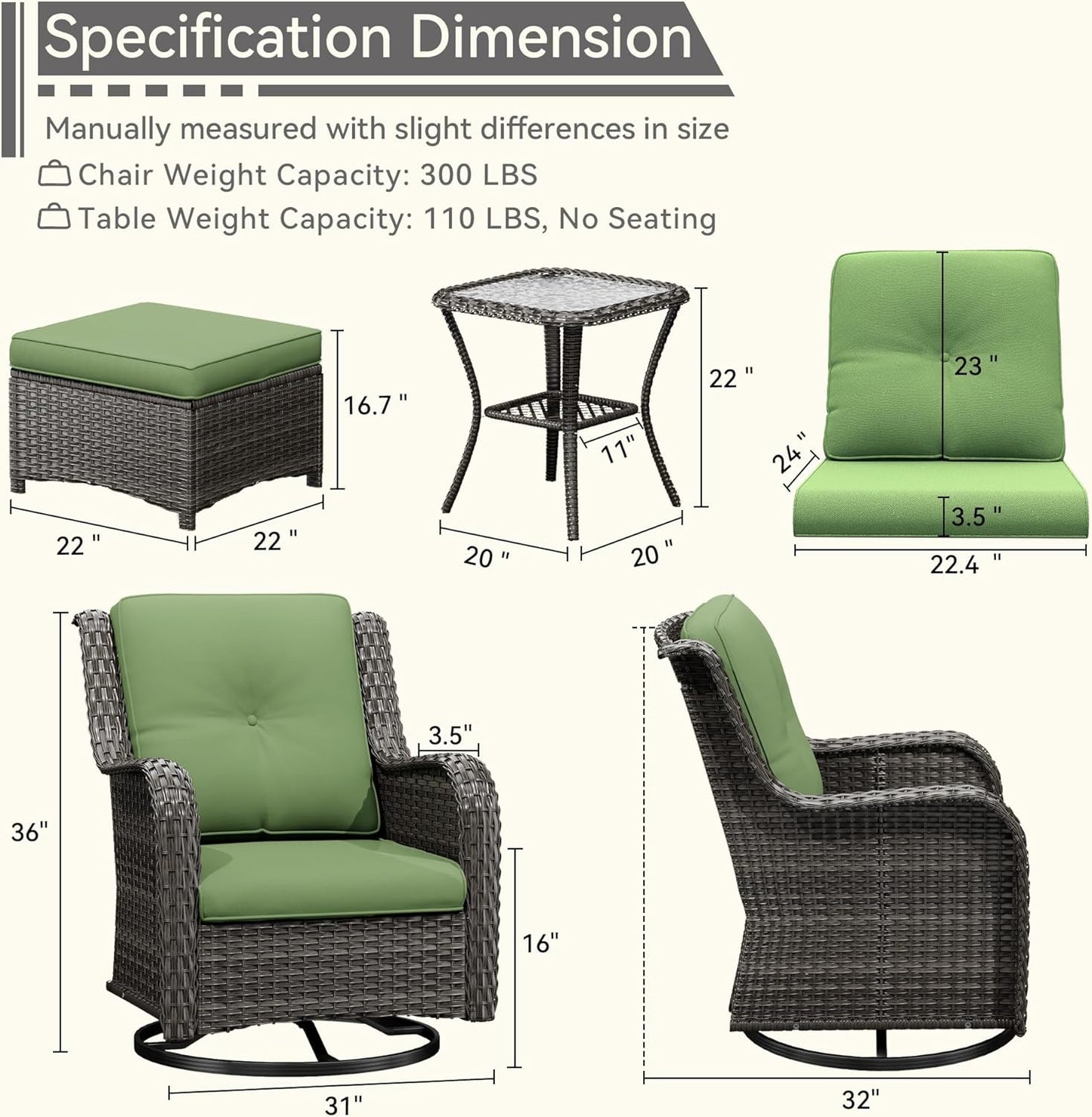 5 Piece Outdoor Patio Furniture Set Wicker Conversation Set Swivel Rocking Chairs with Side Table and Ottomans for Backyard, Porch, Deck, Green