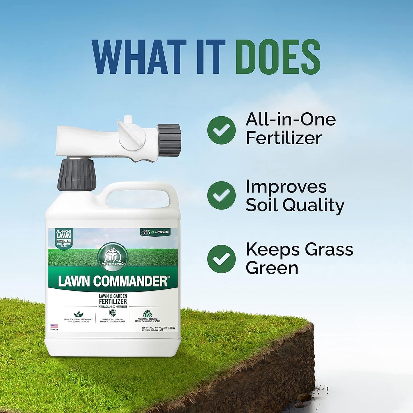 Turf Titan Lawn Commander – All-in-One Lawn Booster and Fertilizer (32 oz) – Peak Growth & Green Grass for All Seasons – Tri-Action Nitrogen Tech - Hose End Lawn Sprayer – Covers up to 8,000 Sq Ft