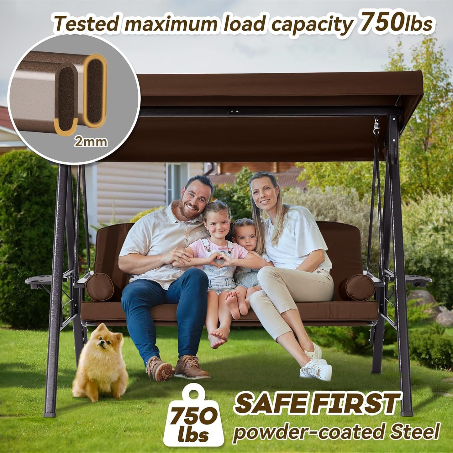 3 in 1 Outdoor Porch Swing with Canopy, 3 Seat Outdoor Swing for Adults, Patio Swing Chair with Thickened Cushions,Pillows & Cup Holders for Backyard, Porch, Garden (Brown)