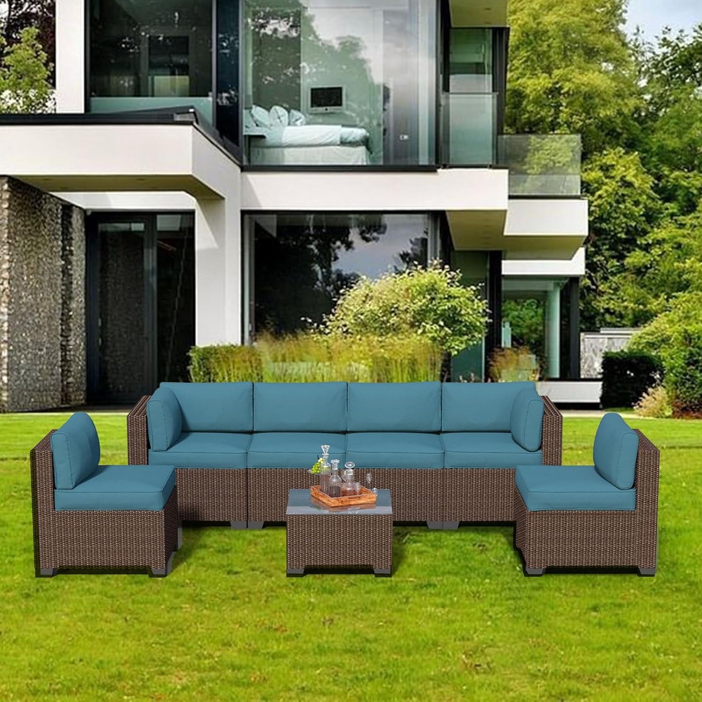 7 Piece Patio Furniture Set, Rattan Outdoor Patio Conversation Sets, Outdoor Sectional Furniture with Waterproof Cushion and Coffee Table, for Deck, Backyard, Garden, Peacock Blue