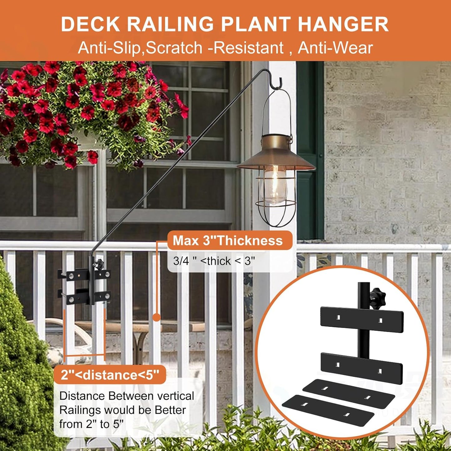 Heavy Duty Deck Hook-Deck Railing Plant Hanger, 29 to 43 Inch Extended Bird Feeder Hanger W/Double Clamps,Versatile Deck Shepherd Hook for Hanging Bird Feeders,Lanterns,Planters etc.