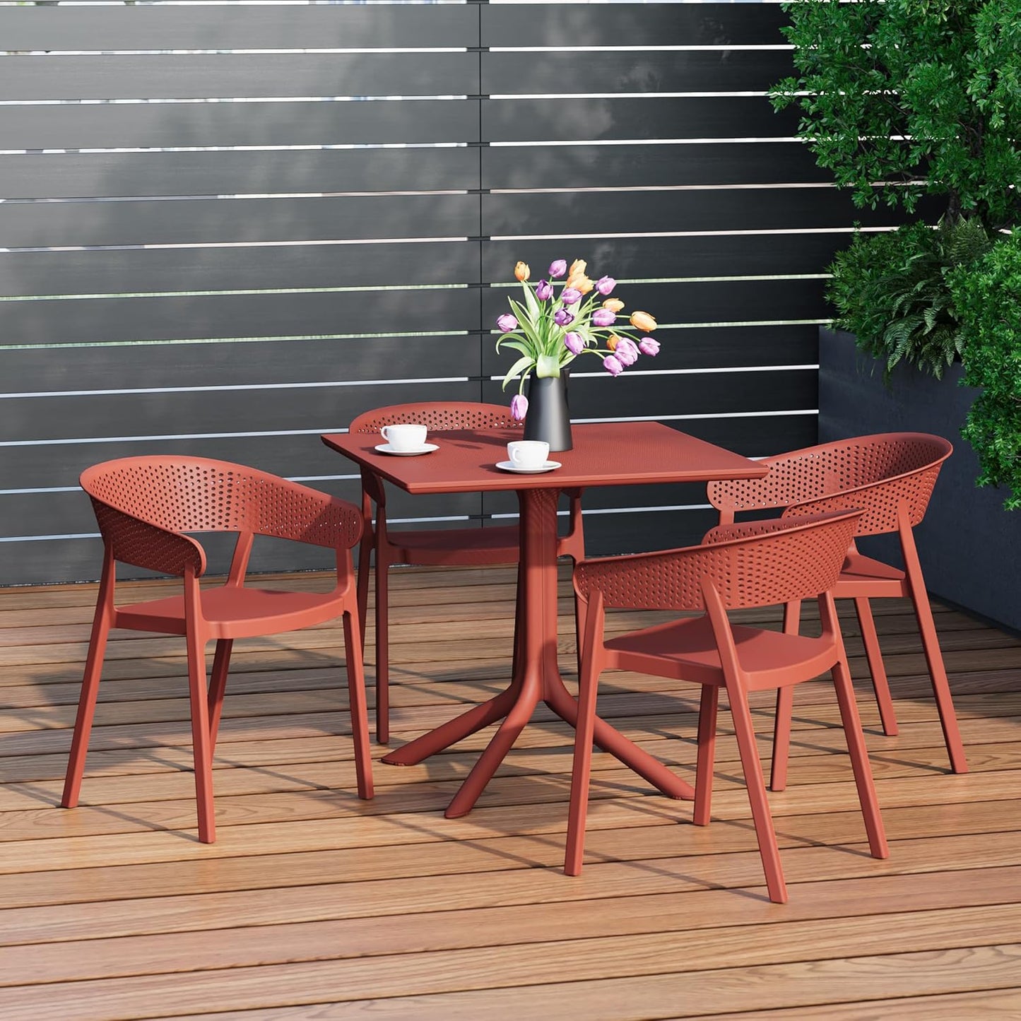 Table Chairs Set of 4, HDPE Patio Square Dining Table and Stackable Chairs, Outdoor Small Patio Furniture Set All Weather for Backyard Porch Poolside, Red