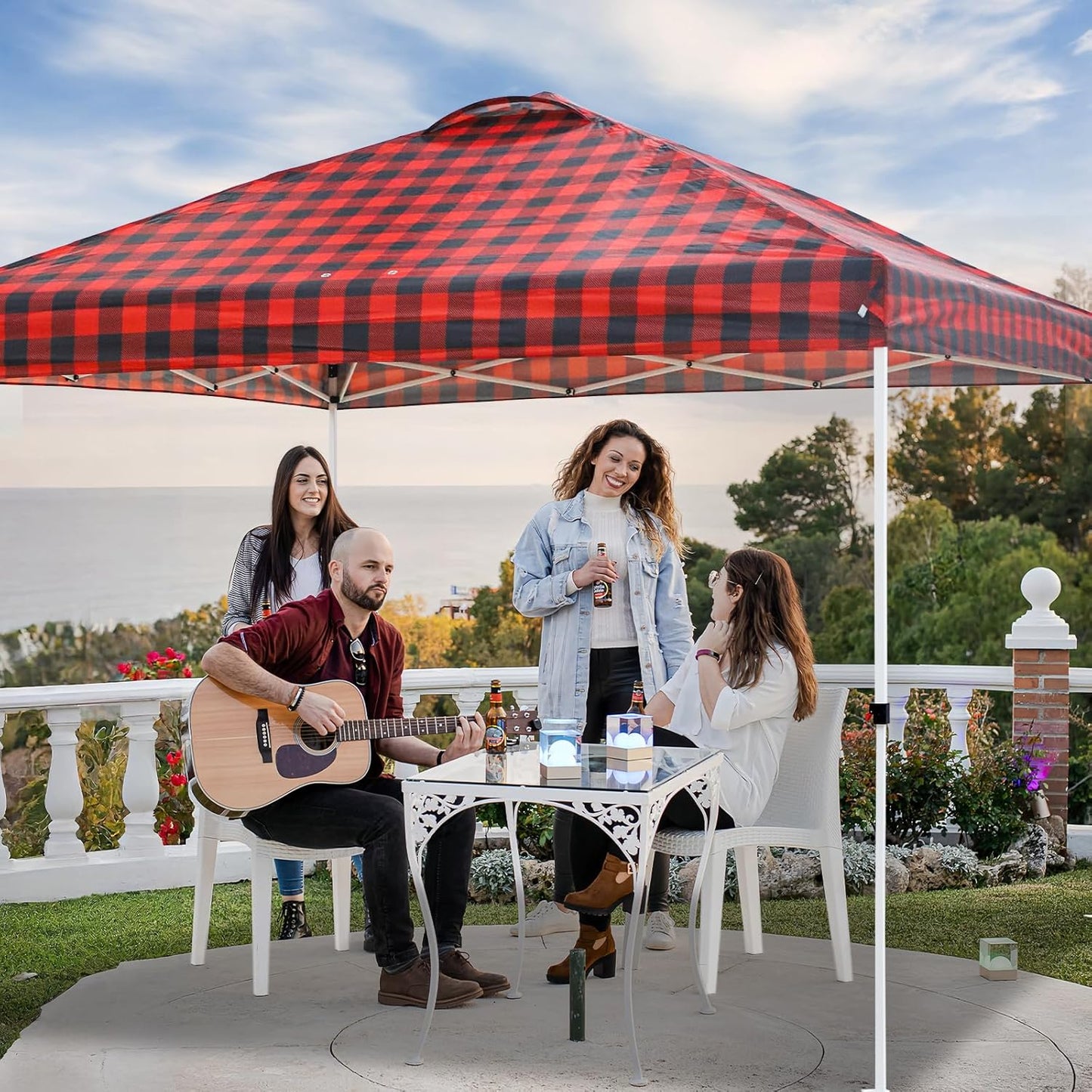EAGLE PEAK Pop Up Canopy Tent with Wheeled Carry Bag, 8 Stakes, 4 Ropes, 4 Weight Bags, Easy Set Up Tent Canopy, 10x10 ft, 100sqft of Shade, Red Plaid