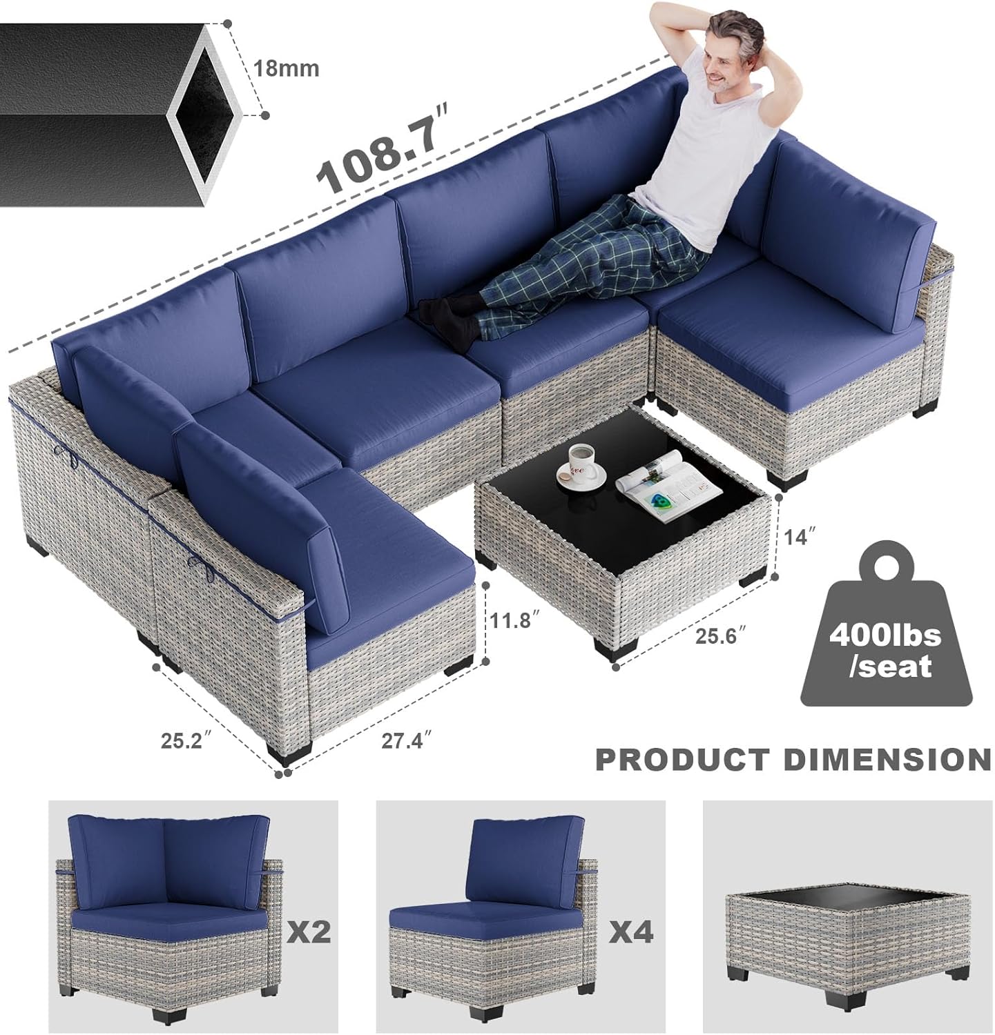 7-Piece Patio Furniture Set, Outdoor Sectional with Thick Cushions, Modular Patio Sofa, Dual-Strand Wicker Rattan, Rust-Resistant Frame, Backyard Furniture for Garden, Deck, Navy Blue