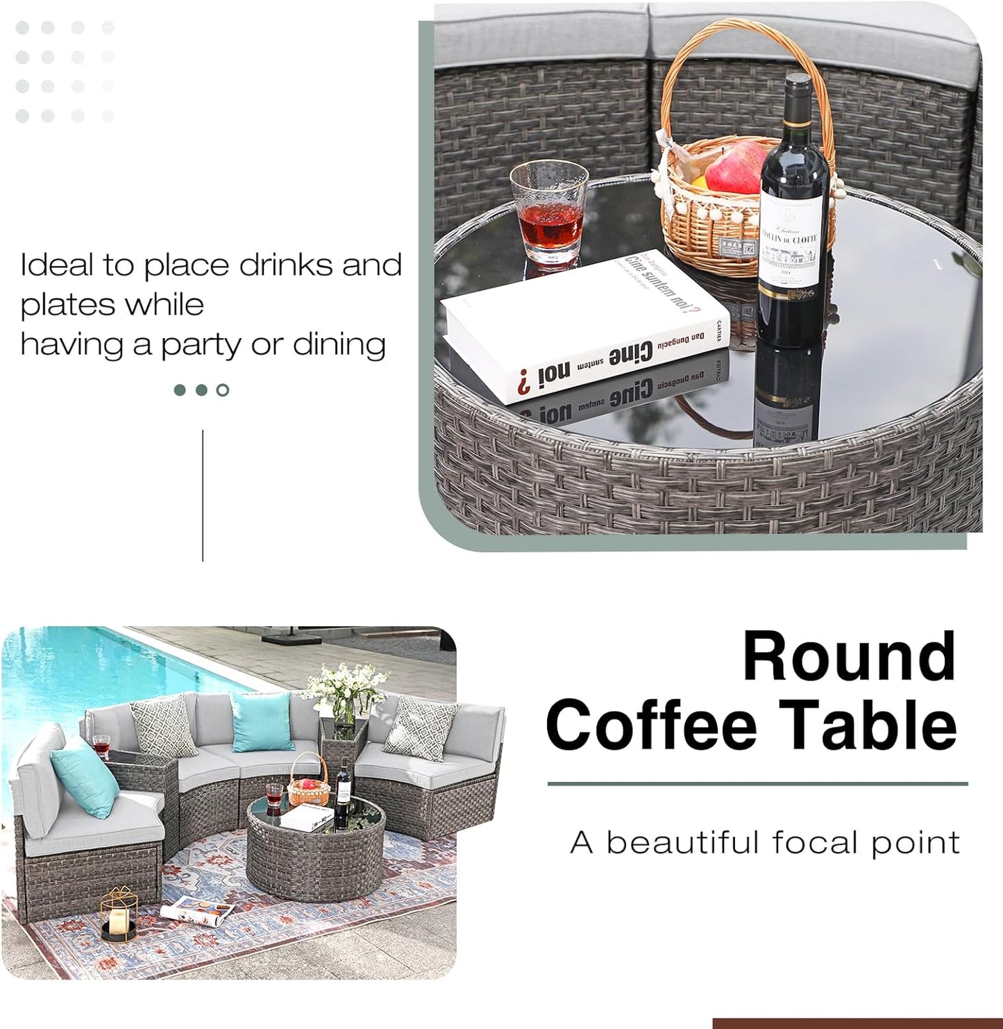 SUNSITT Outdoor Patio Furniture Sectional 7-Piece Half-Moon Curved Outdoor Sofa Set with Round Coffee Table, 4 Pillows & Waterproof Cover, Grey Rattan & Light Grey Cushion