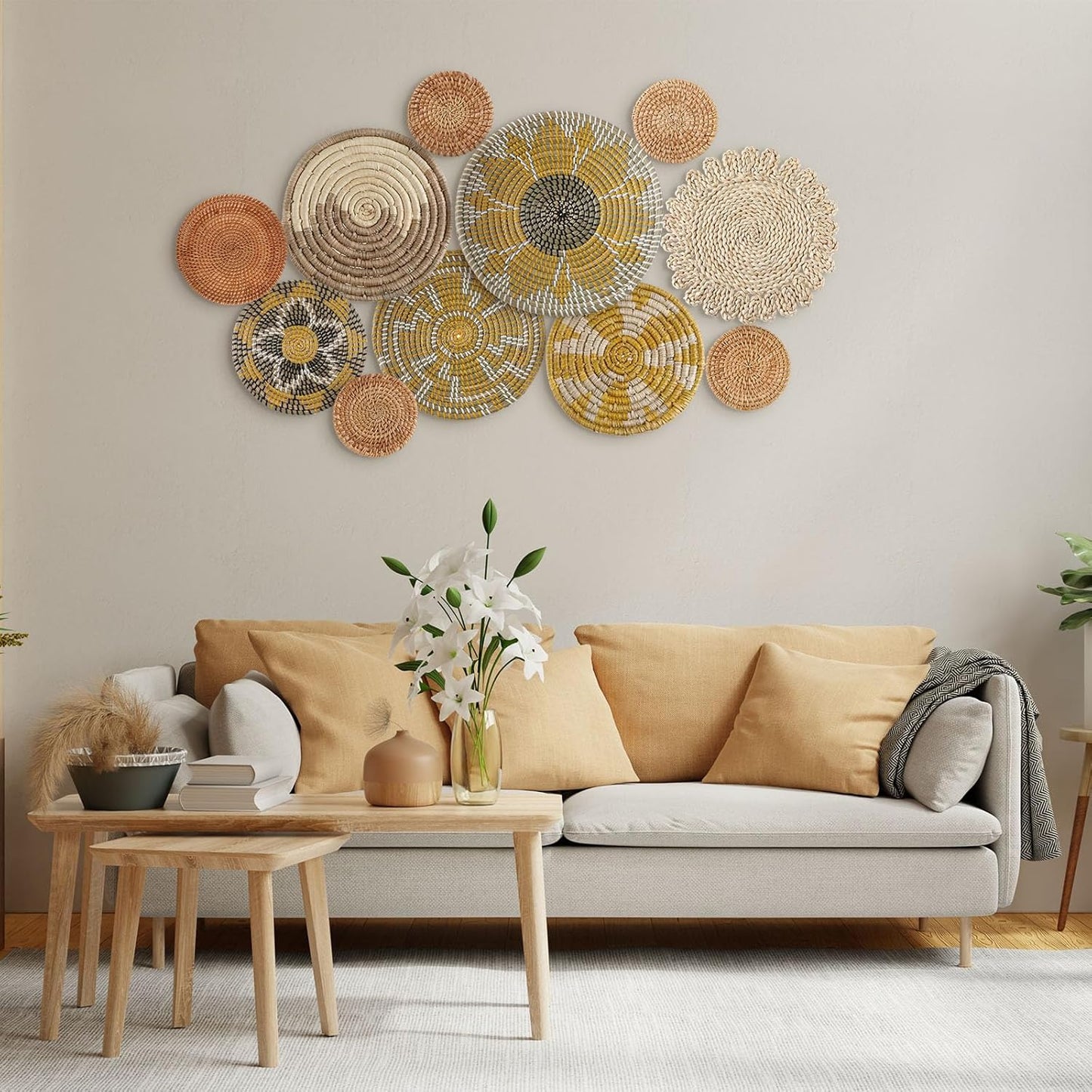 Tatuo 11 Pcs Boho Wall Basket Decor Decorative Bulrush Woven Basket Wall Decor Art Round Farmhouse Hanging Baskets for Kitchen Rustic Home Summer Decorations, Multi Sizes(Lively)