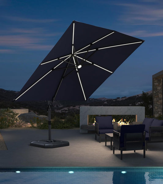 PURPLE LEAF 10 Feet Patio Umbrella Solar Powered LED Square Outdoor Cantilever Umbrella with LED Lights Aluminum Offset Umbrella with 360-degree Rotation for Garden Deck Pool Patio Navy Blue