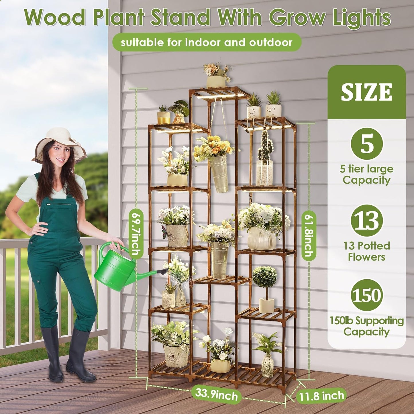 Dreyoo Plant Stand with Grow Lights, Wood Plant Shelf with Full Spectrum Grow Lamp for Indoor Corner, Vintage Multi Layer Lighted Stand for Living Room Balcony Display (13 Tiered Shape)