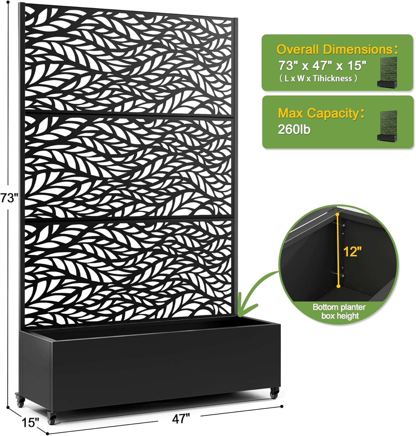 FENCY Metal Raised Garden Bed with Wheels and Trellis,73"x47"x16" Planter Box for Climbing Plants, Vegetables & Vines, Features Privacy Screen and Drainage Holes (Black-Leaf)