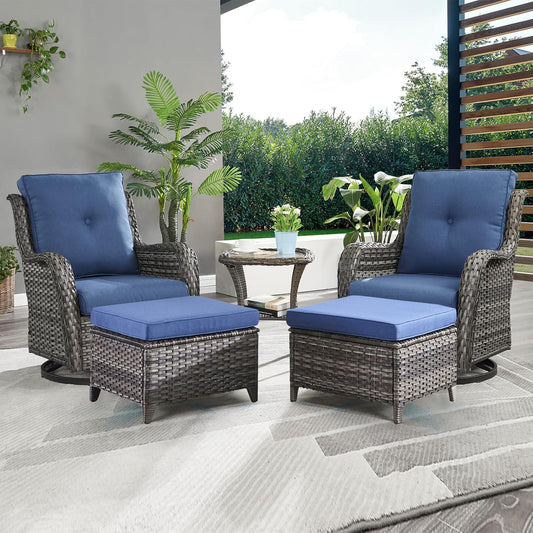 Outdoor Wicker Patio Furniture Set - 5 Pieces Rattan Patio Conversation Set with 2 Rocking Swivel Chairs,2 Ottomans and 1 Side Table for Porch Deck Backyard Garden(Mixed Grey/Blue)
