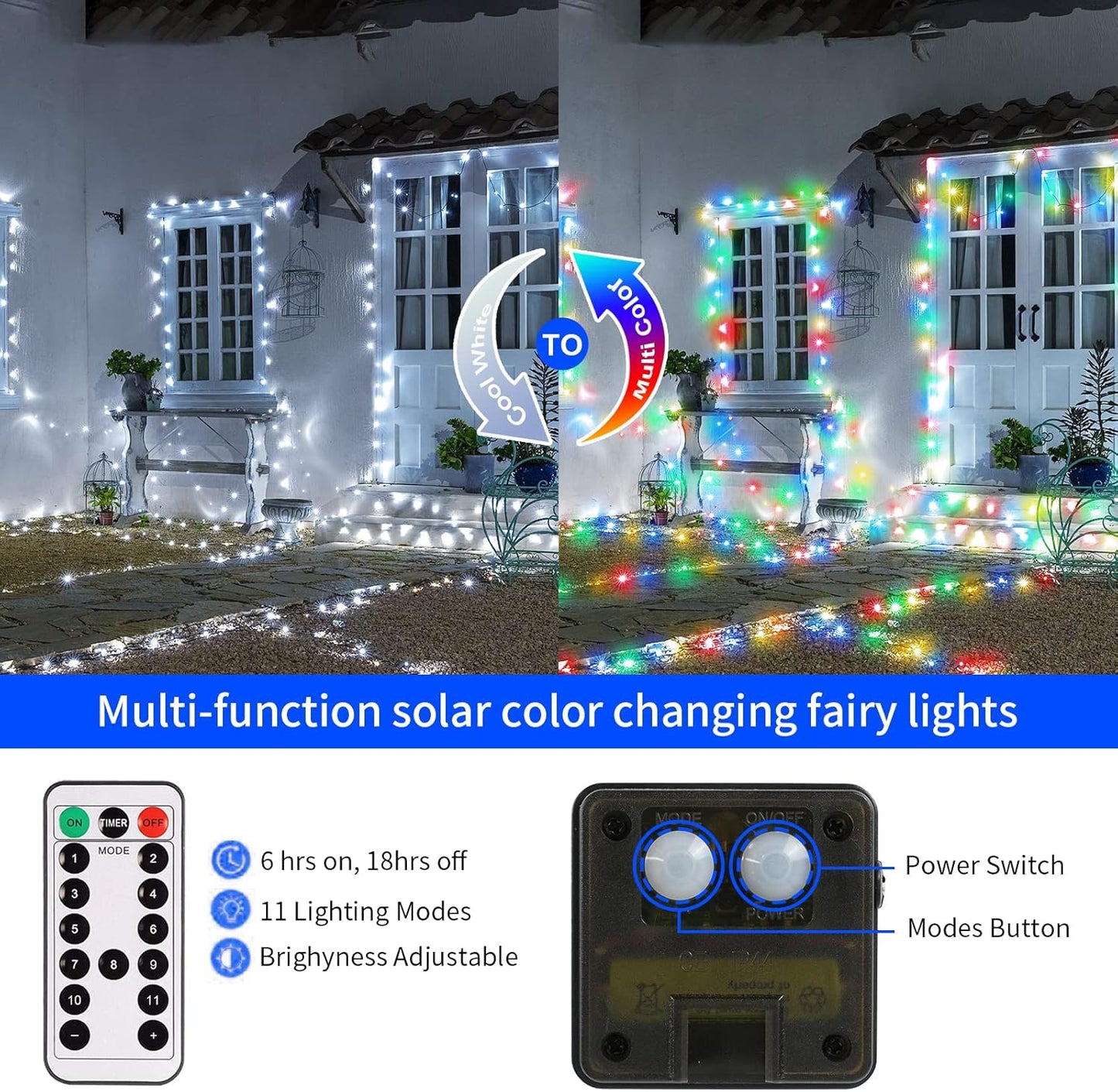 JMEXSUSS 2 Pack Solar Christmas Lights Outdoor Waterproof, 100 LED 33ft White and Multicolor Color Changing Solar Fairy Lights, Copper Wire Solar String Lights for Outside Yard Christmas Decorations
