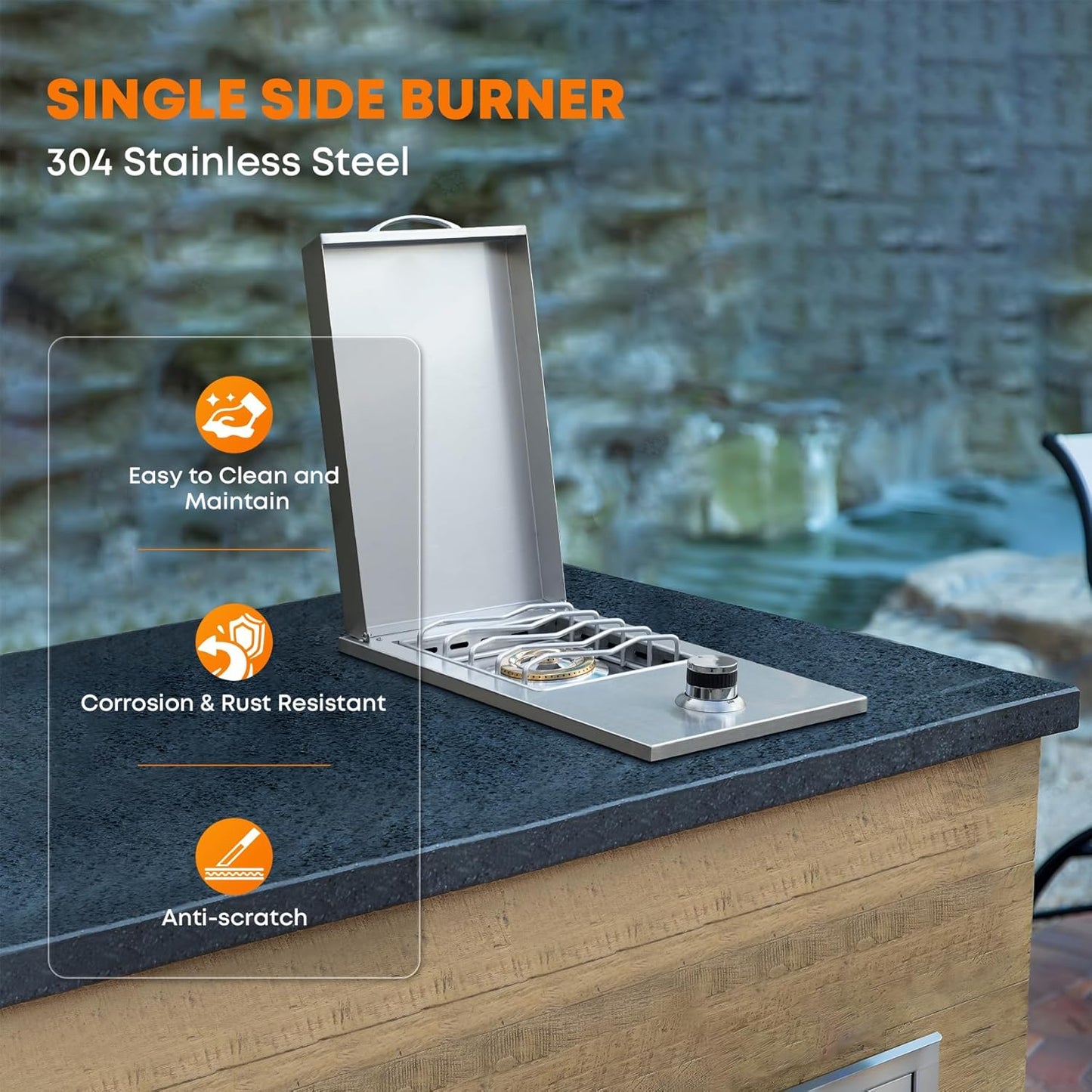 Stanbroil Built-in Stainless Steel Side Burner for Outdoor Kitchen - Liquid Propane Only