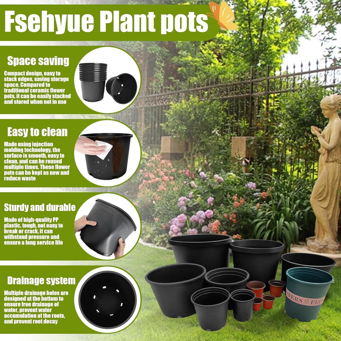 10 Gallon Nursery Pots Plastic Container Injection Molded Pot for Plants Flexible with Drainage Holes Suitable for Plants Soil Growers or Hydroponics Black 10 Pcs