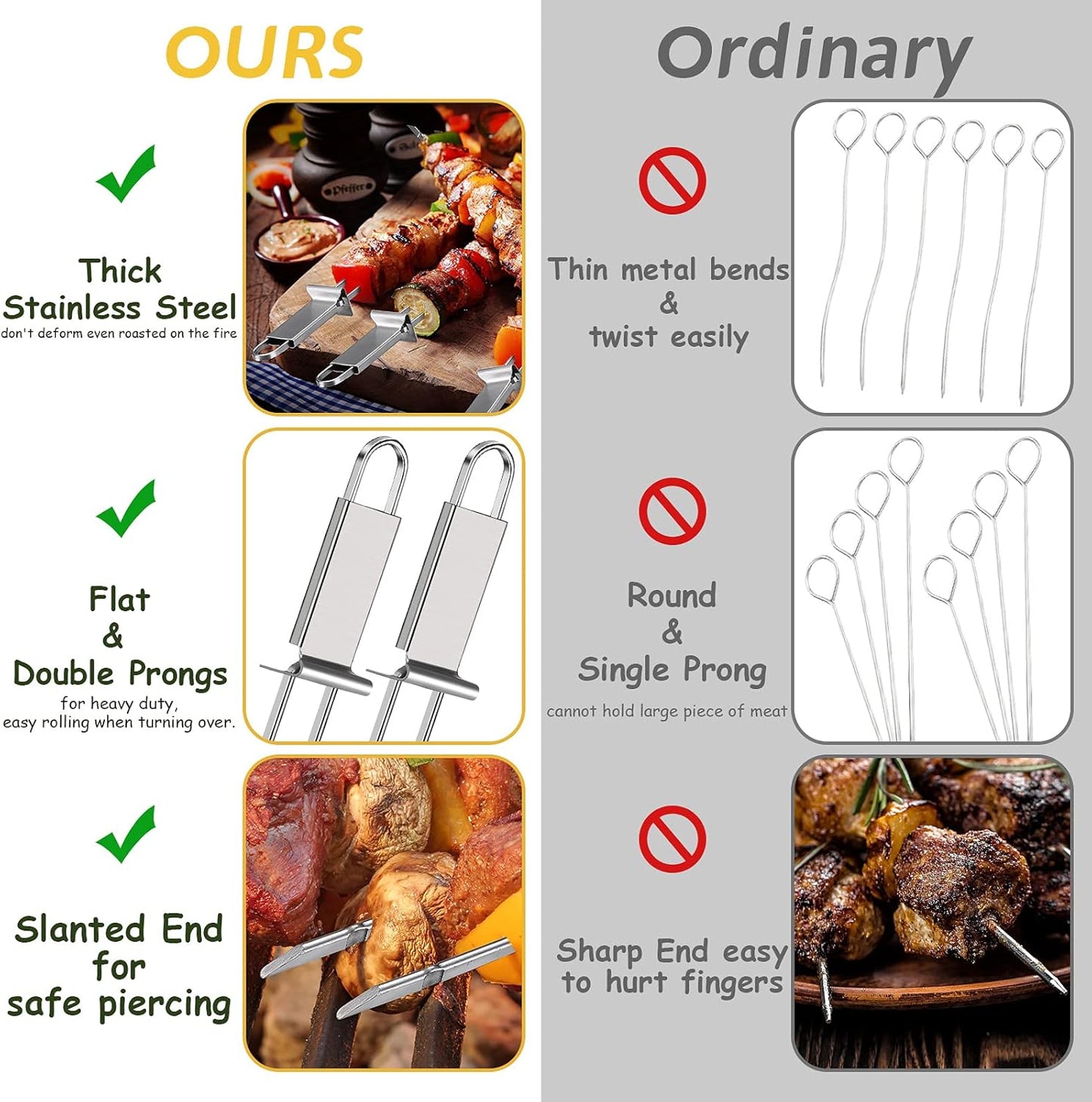 Lallisa Kabob Skewer for Grilling, Metal Stainless Steel BBQ Stick with Push Bar, Double Pronged Kebab Tool Quick Release Meat, Chicken, Vegetable and Fruit (6 Pieces), 2.8 x 32.5 cm/ 1.1 12.8 inch