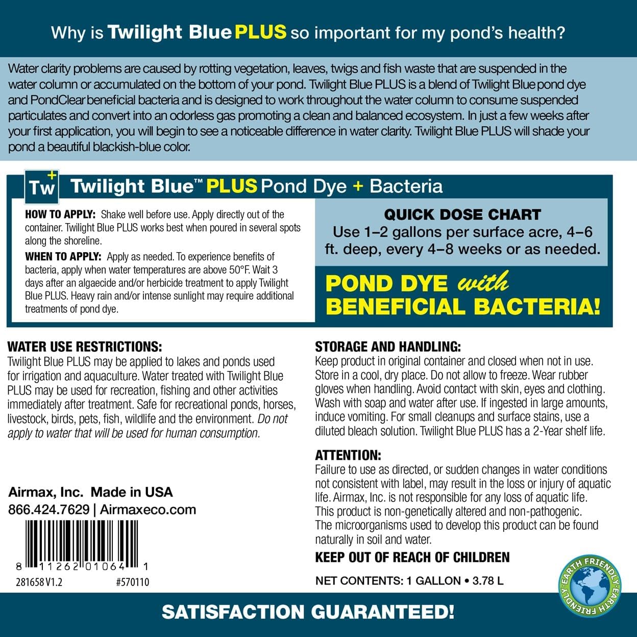 Airmax Pond Dye Plus, Twilight Blue Colorant & Natural Beneficial Bacteria, Large Pond & Lake Water Clarifier & Color Treatment, Shade Plants & Algae from Sunlight, Fish & Livestock Safe, 4 Gallons