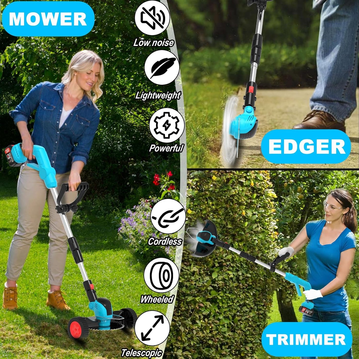 Electric Weed Wacker Cordless Eater Battery Powered,21V/4.0Ah Lightweight No-String Weed Trimmer with 2 Battery Operated& Wheels,3 in 1 Stringless Grass Trimmer/Edger/Brush Cutter for Garden Yard Lawn