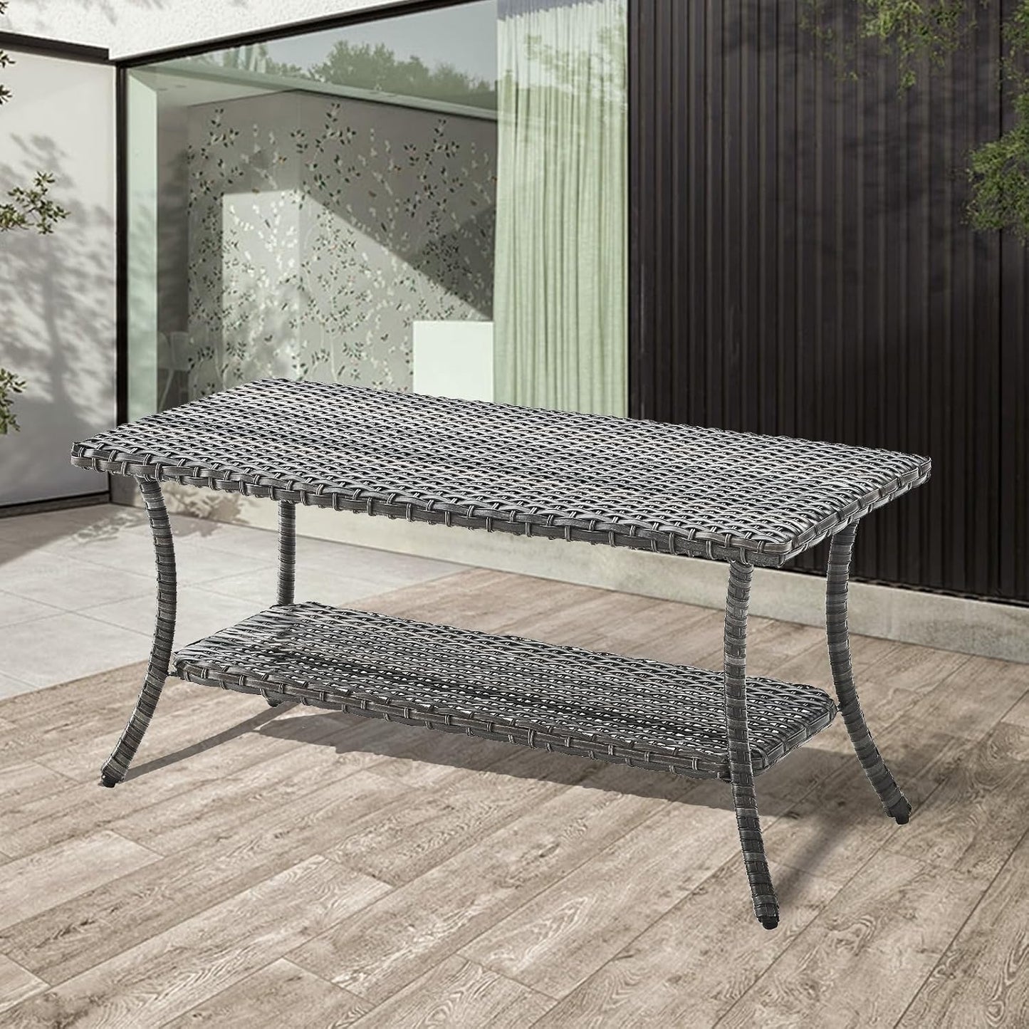 Patio Tables Outdoor Coffee Table - Wicker Rattan Coffee Tables with 2-Tier Storage Shelf Side Table for Porch Deck Balcony Garden Outside Rectangle Mixed Grey