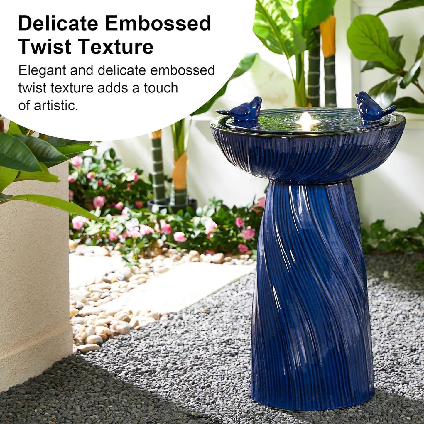 Glitzhome 24.75" H Outdoor Water Fountain with LED Light, Cobalt Blue Two Birds Twist Textured Floor-Standing Fountains, Ceramic Embossed Pattern Pedestal Water Fountain for Yard Patio Backyard