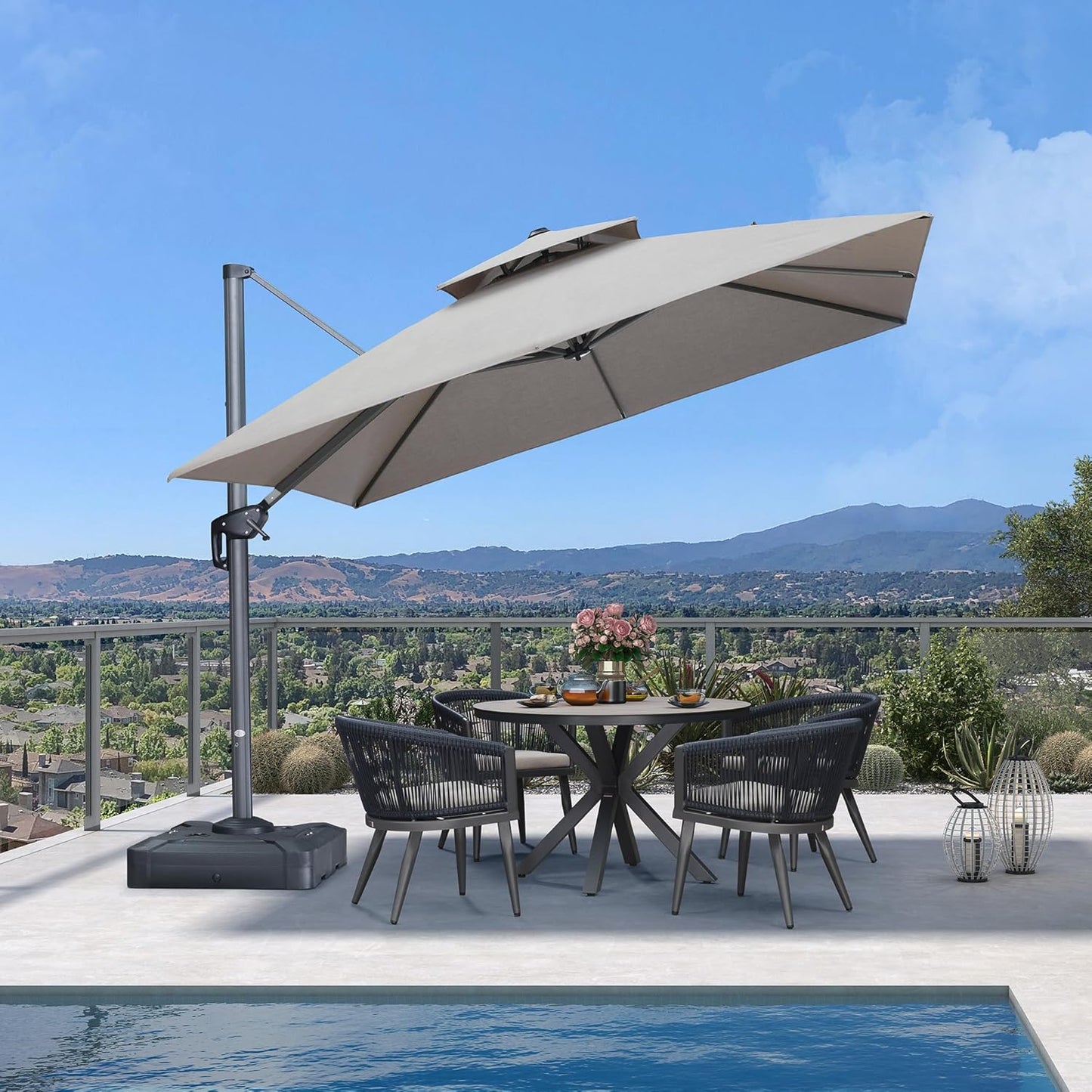 PURPLE LEAF Cantilever Umbrella Outdoor Double Top Deluxe 10 Feet Square Patio Offset Hanging Square Umbrella for Garden Pool Backyard Cast Ash