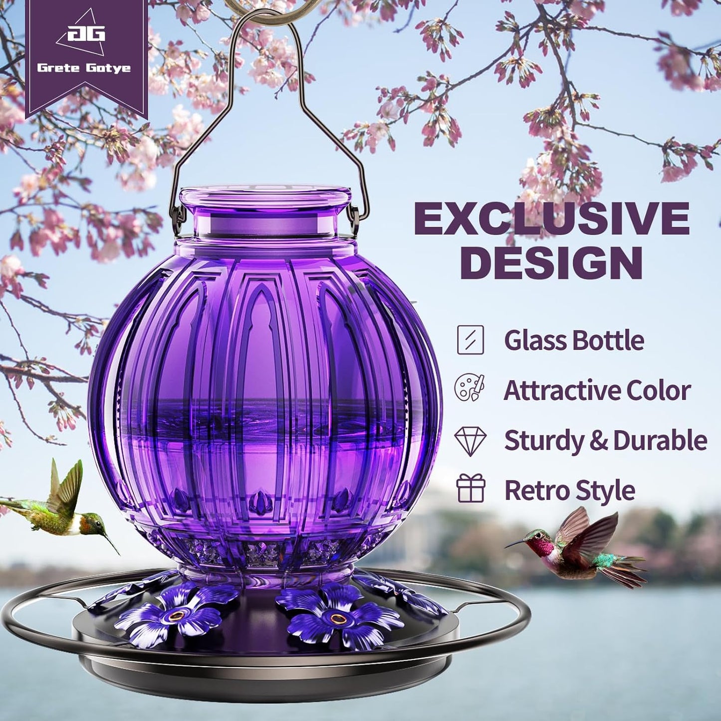 2 Pack Glass Hummingbird Feeder for Outdoors Hanging, Bird Nectar Feeder with Perch & 5 Flower Feeding Ports, 26 Oz Leak Proof for Outside Garden Decor Backyard, Gifts for Women Mom, Purple