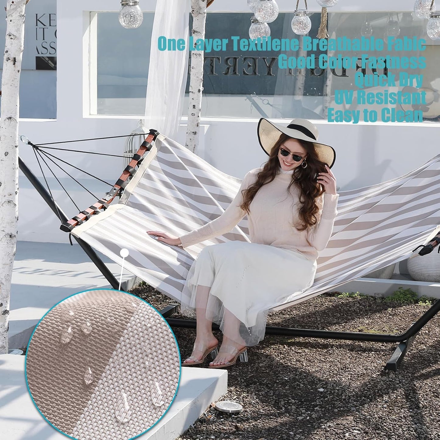 TegerDeger 12FT 2 Person Hammock Large Hammock Quick Dry 450LB Capacity with V Shaped Hardwood Spreader Bar & Nylon Rope for Outside, Patio, Garden, Backyard, Beach, Poolside - Beige Stripes