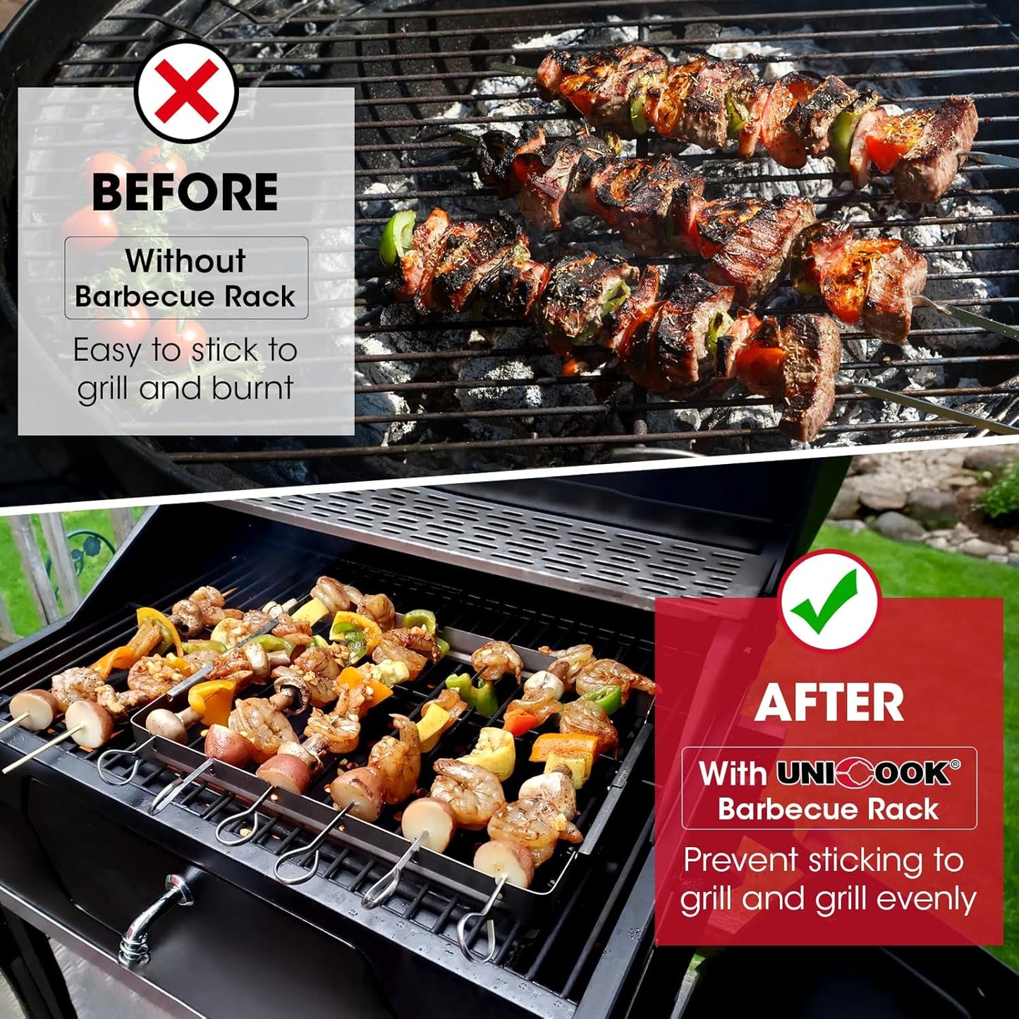 Unicook Upgraded Stainless Steel BBQ Shish Kabob Set, Large Foldable Grill Rack with 6pcs 13.5"L Barbecue Skewer, Keeps Kabobs from Sticking to the Grill Grate, 30pcs Bamboo Skewers as Bonus