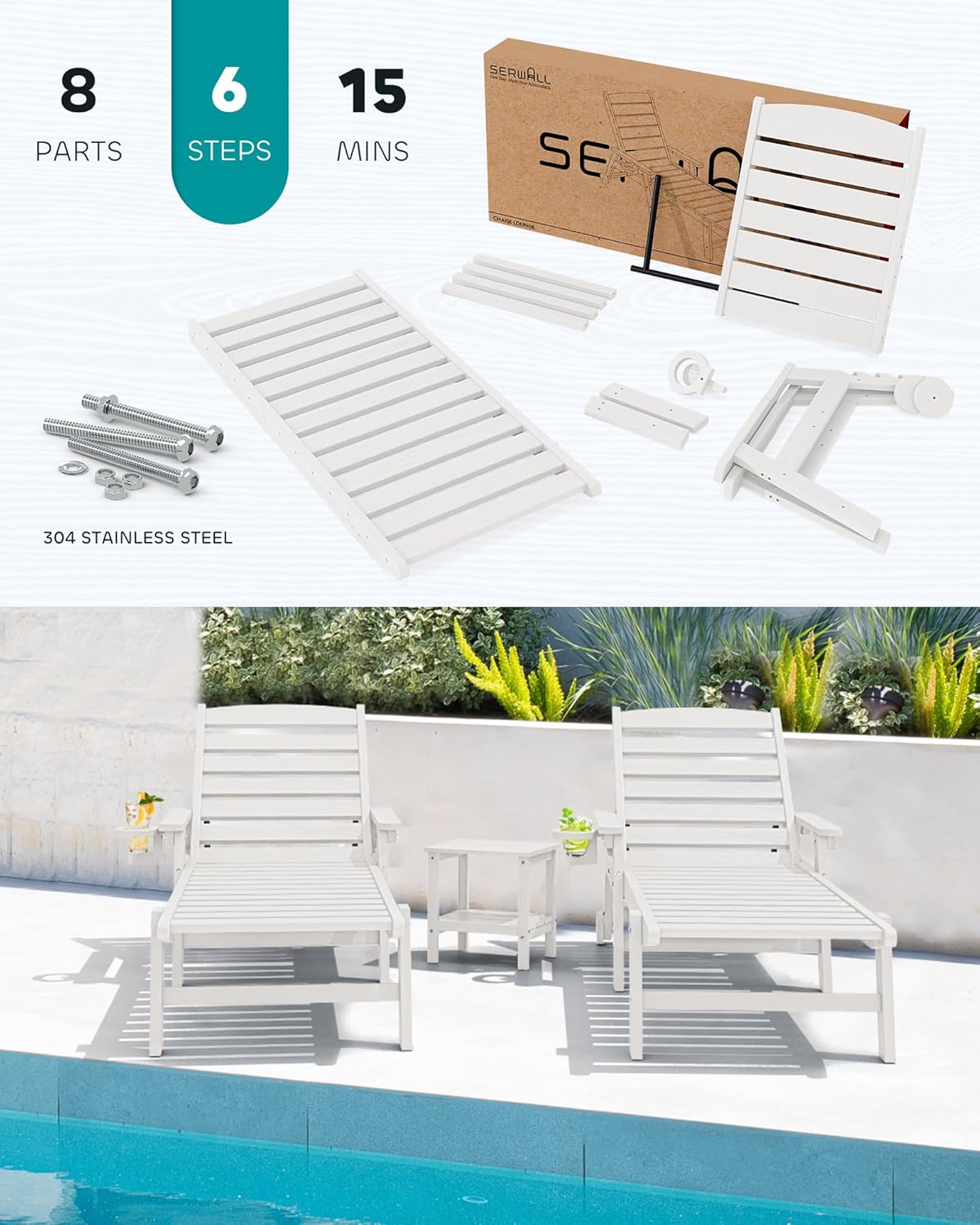 SERWALL Patio Chaise Lounge Chair Set of 6, 5 Positions Adjustable Poly Outdoor Lounge Chair for Pool, HDPE Lounge Chair with Rolling Wheels & Cup Holder for Poolside, Deck, White