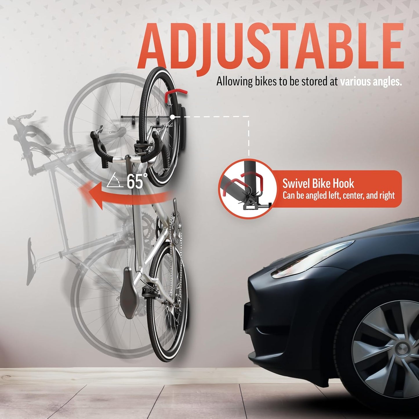 STELLARMOUNTS Bike Wall Mount - Wheel Hook Bracket - Industrial Class Bikcycle Rack Holds Up to 77 lbs - Secure Bike Storage Can be Mounted on Indoor/Outdoor Walls, Black/Red