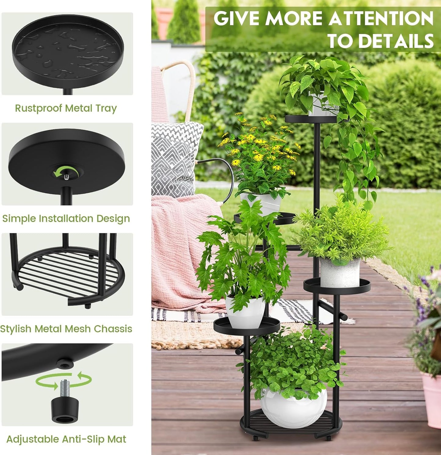 TOSKING 5 Tier Tall Plant Stand Indoor Outdoor, Heavy Duty Corner Plant Stand with Space-Saving Plant Shelf for Multiple Plants| Round Plant Table Design for Living Room Balcony Garden (Black, 38in)
