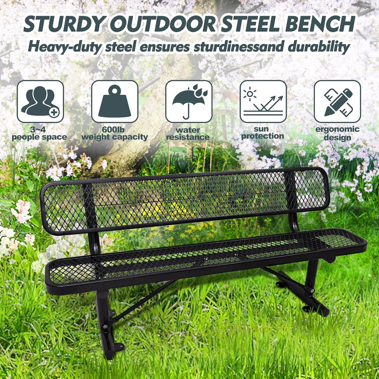 Thermoplastic Coated Iron Park Bench for Outside, Heavy Duty Metal Garden Bench, Expanded Commercial Grade Seating for Shopping Malls, Lawn Yard Porch Entryway (Black with Backrest, 72IN)