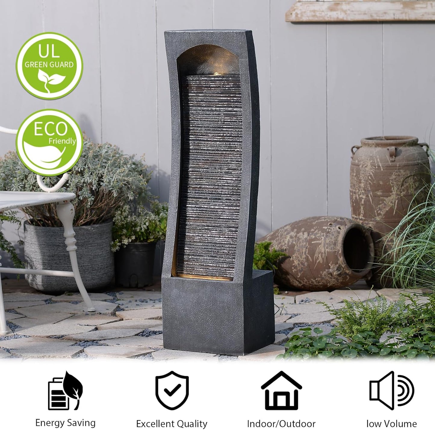 42.3" H Water Feature Outdoor Faux Slate Contemporary Waterfall Fountain Indoor for Garden, Backyard, Deck, Porch and Home Art Decor Large Outdoor Fountain with Lights