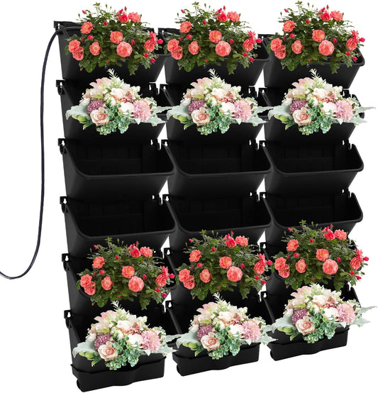 Self-Watering Wall-Mounted Planter, Vertical Garden Planter Set with 18 Pots, Stackable Plant Grow Pots with Electronic Timer for Growing Veggies, Fruits, Herbs, Flowers.