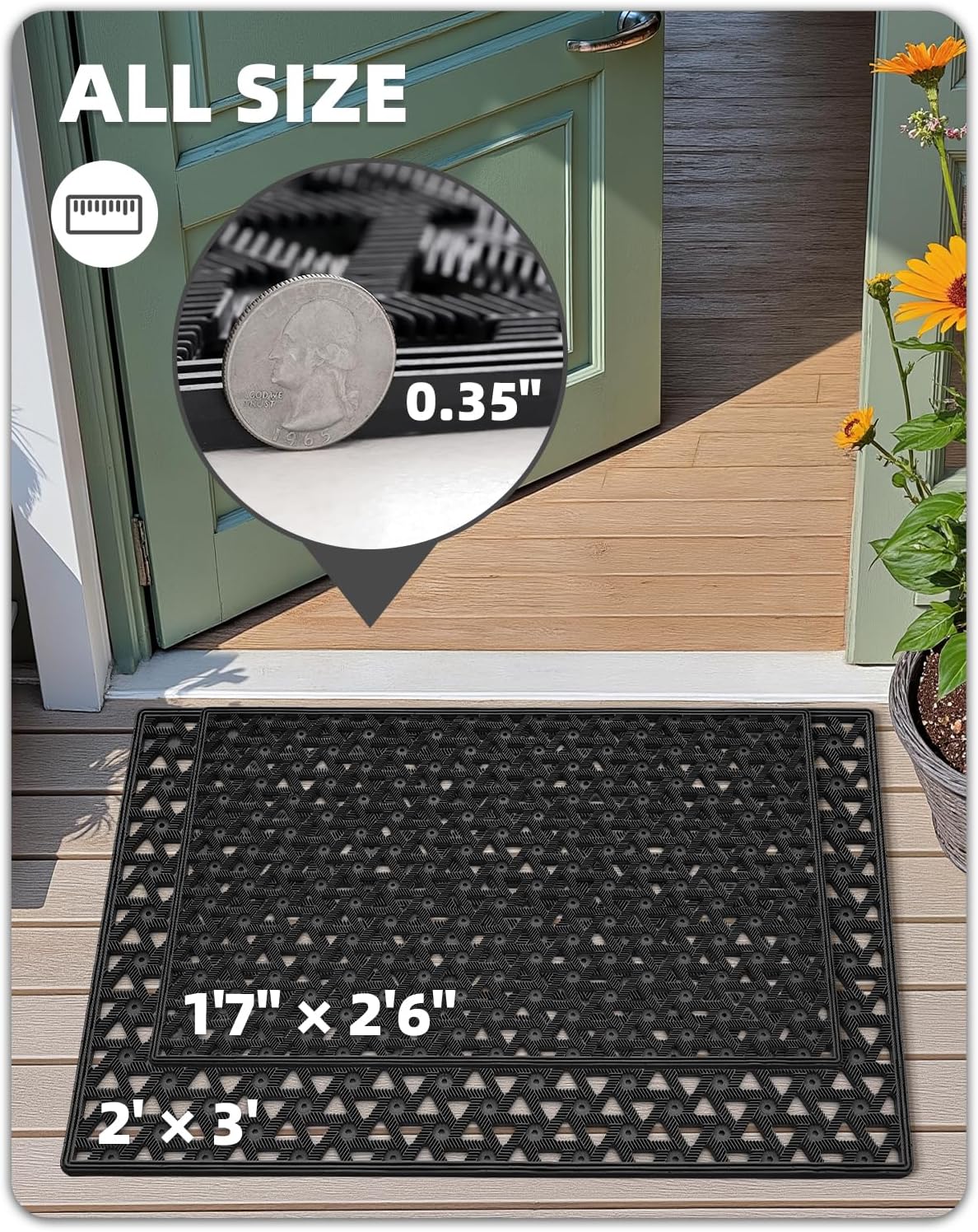 Color&Geometry Door Mat Outside Entrance with Drainage, Rubber Heavy Duty Dirt Trapper Waterproof Outdoor Welcome Mat, Outdoor Mats All Weather for Front Back Door Patio Entryway Entry, 19"X30" Black