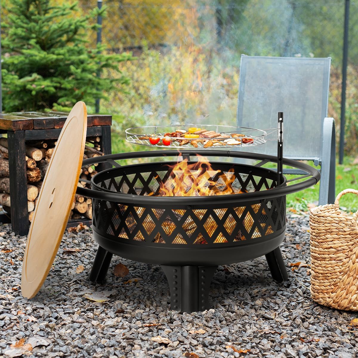 38 Inch Wood Burning Fire Pit for Outside, Round Firepit with Grill & Metal Lid, Metal Outdoor Fire Pit Table for Patio Backyard Garden Bonfire Party