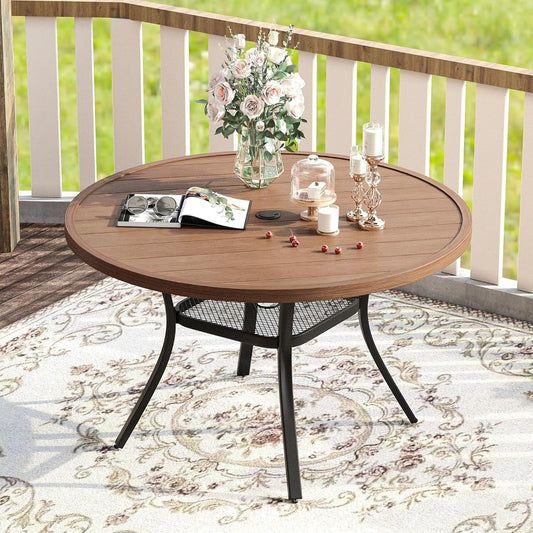 VICLLAX 47.2" Outdoor Round Patio Table for Lawn Garden, All Weather Metal Round Outdoor Dining Table with Adjustable Umbrella Hole, 6 Person Patio Table, Walnut Wood-Like Tabletop