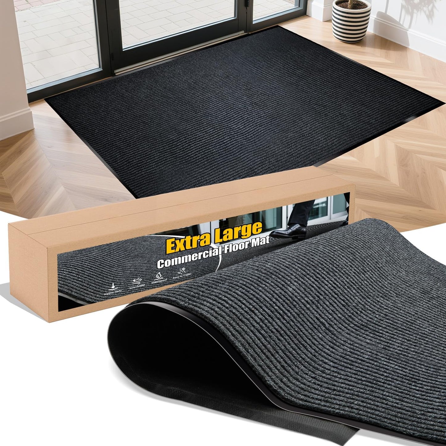 Extra Large Indoor/Outdoor Entrance Mat - 4 x 5 Feet, Rubber Border Door Mat Heavy Duty, Waterproof, Low-Profile, Easy to Clean, Rubber Entry Mat,Commercial Floor Mat, Charcoal Grey