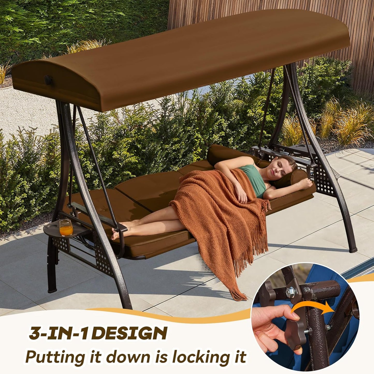 3 in 1 Outdoor Porch Swing with Adjustable Canopy, 3 Seat Outdoor Swing for Adults, Patio Swing Chair with Thickened Cushions,Pillows & Cup Holders for Backyard, Porch, Garden (Brown)