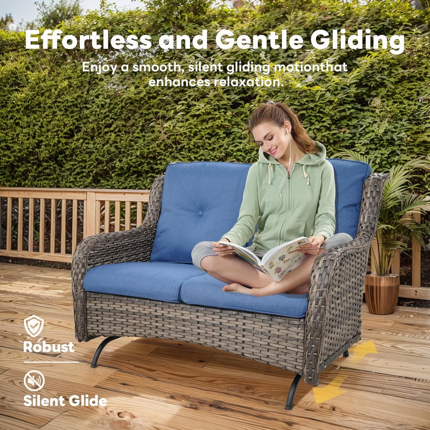 4 Piece Patio Furniture Set - Outdoor Glider Bench with Swivel Rocker Chairs and Coffee Table, High Back Small Outdoor Conversation Furniture Sets for Deck Sunroom Balcony Backyard