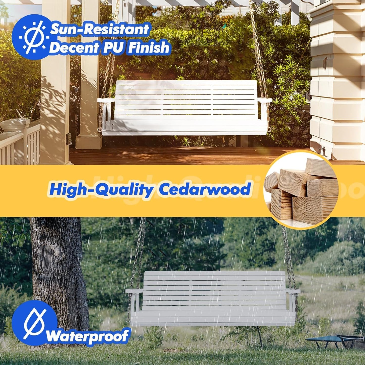 VINGLI Upgraded Patio Wooden Porch Swing for Courtyard & Garden, Heavy Duty 880 LBS Swing Chair Bench with Hanging Chains for Outdoors (5 FT, White)