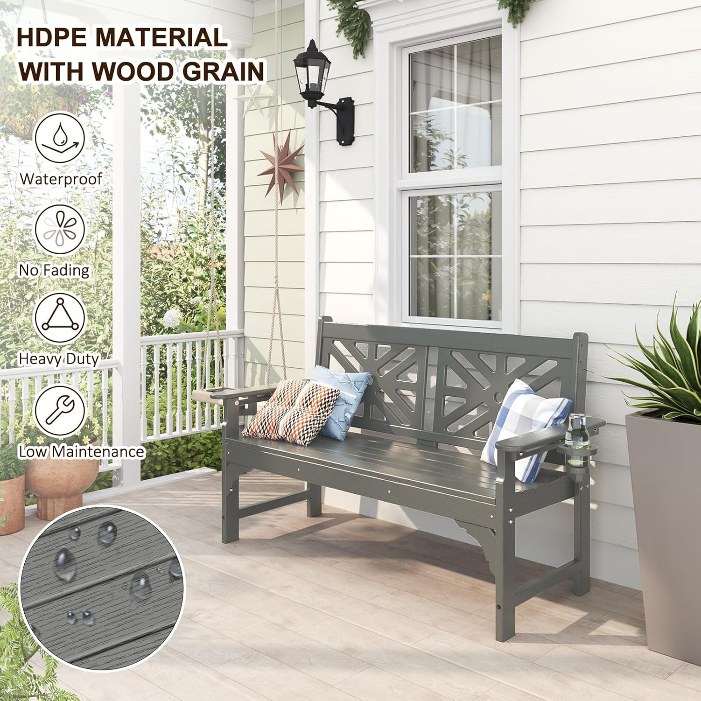 nalone Outdoor Bench with Cup Holders, HDPE All Weather Porch Bench Load up to 800 Lbs, 2-Person Garden Benches Rot-Proof Fade Proof for Patio, Porch, and Park (Grey)