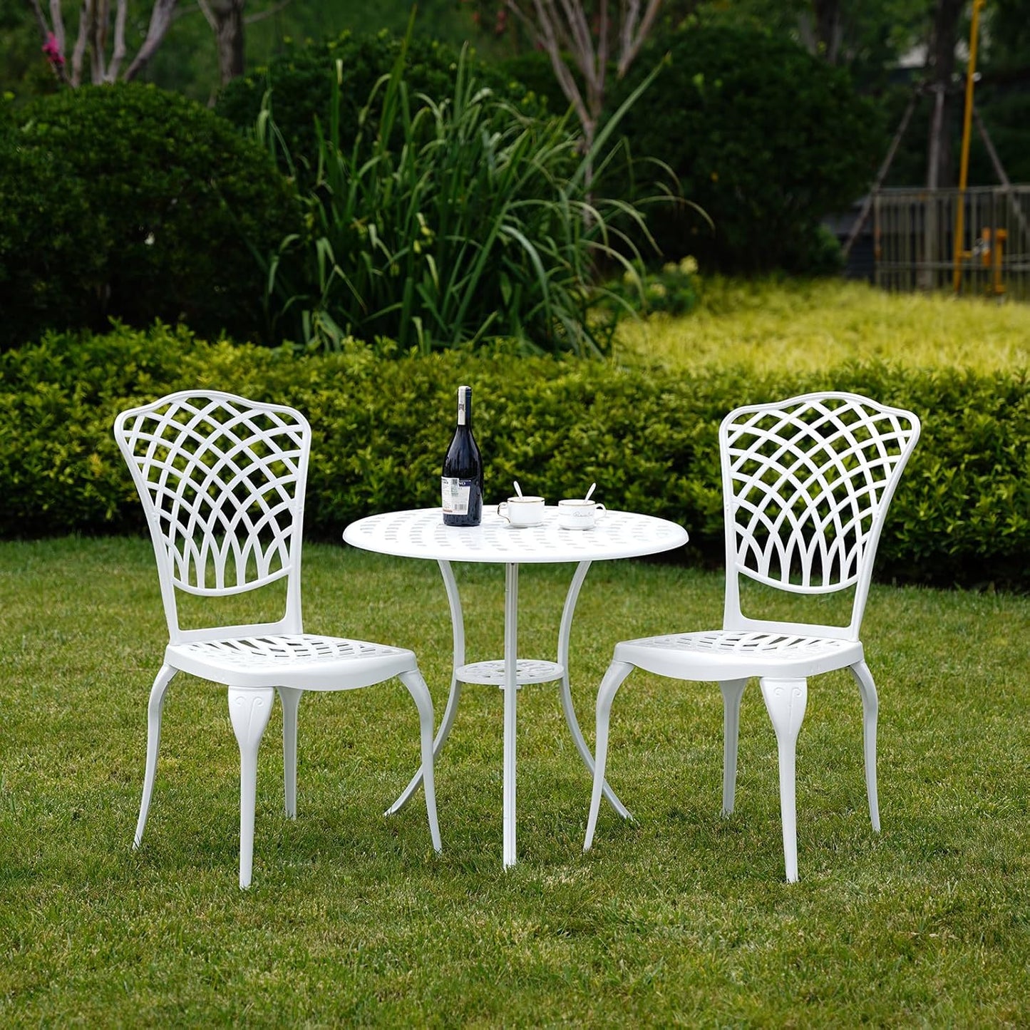 Cast Aluminum Bistro Set 3 Piece Outdoor, Patio Bistro Set White, Patio Conversation Table with 2 Piece Chairs, Bistro Table and Chairs Set of 2 for Garden Porch Porch,1.97" Umbrella Hole,